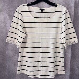Talbots Petite Med Ribbed Striped Top Ivory Navy Lace Trim Short Sleeve Preppy